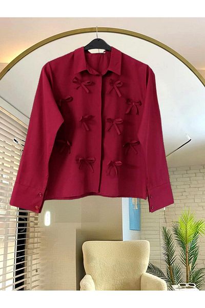 Nergis Neva Butik Closed Patch Bow Poplin Short Shirt