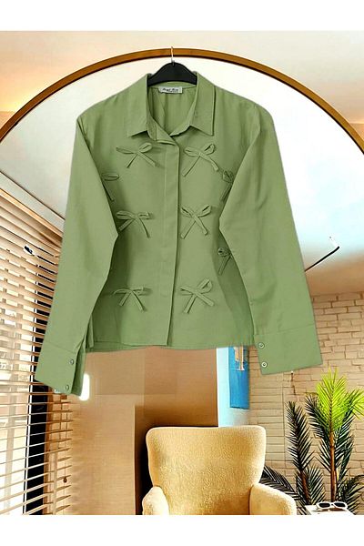 Nergis Neva Butik Closed Patch Bow Poplin Short Shirt