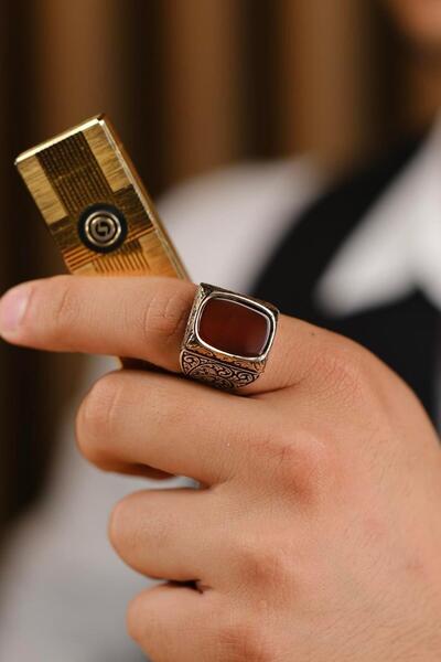 dergah tesbih Cengaver Serisi El İşçiliği Akik Taşlı 925 Ayar Gümüş Yüzük