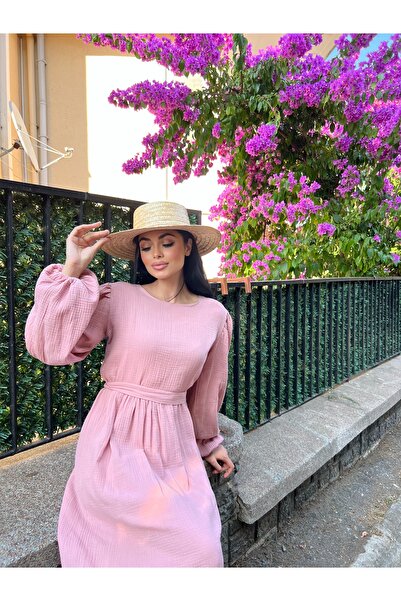 KÜÇÜĞÜM BUTİK Hijab Powder Waist Gathered Muslin Dress