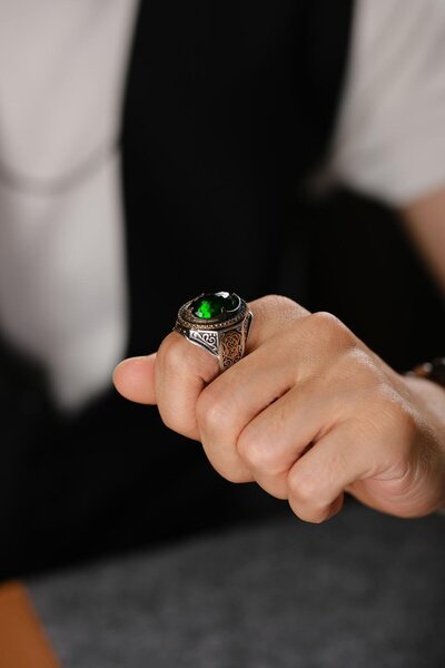 dergah tesbih Çelebi Serisi El İşçiliği Yeşil Taşlı 925 Ayar Gümüş Yüzük