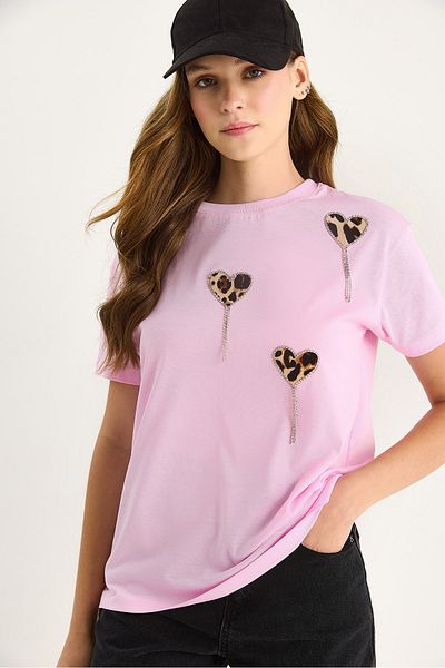 Bianco Lucci Women's Leopard and Stone Detailed Heart Short Sleeve T-Shirt 60602034
