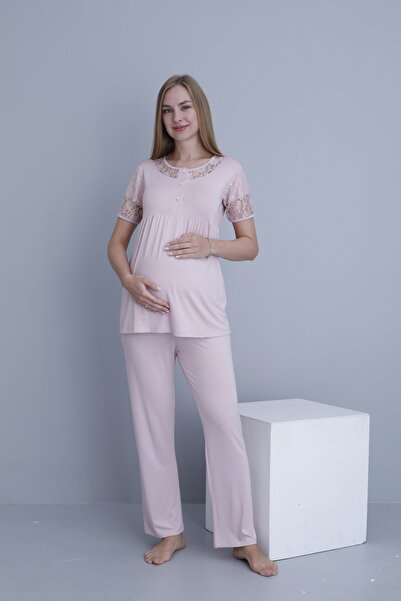 Miss Dünya Lissa Dantel Detaylı Sabahlıklı Hamile ve Lohusa Emzirmeye Uygun Pijama Takımı