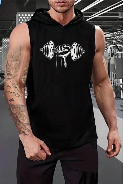 Shine Stone Men's Black Hooded Sleeveless Dumbell Gym Print Singlet