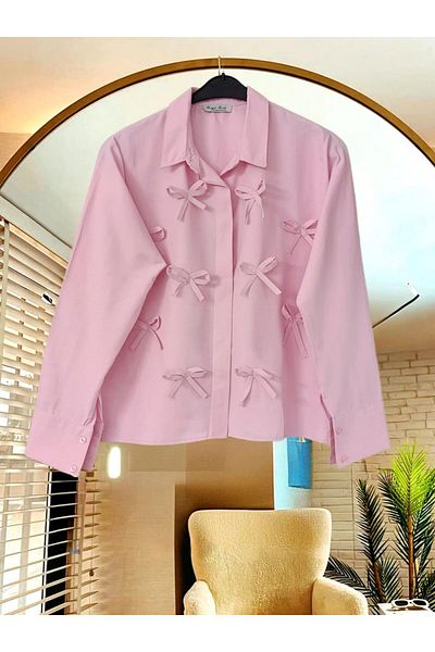 Nergis Neva Butik Closed Patch Bow Poplin Short Shirt