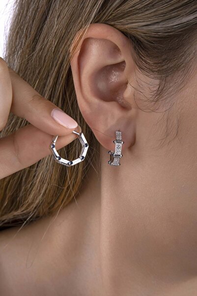 innuendo jewelery 925 Ayar Gümüş Renkli Taşlı Sekizgen Küpe
