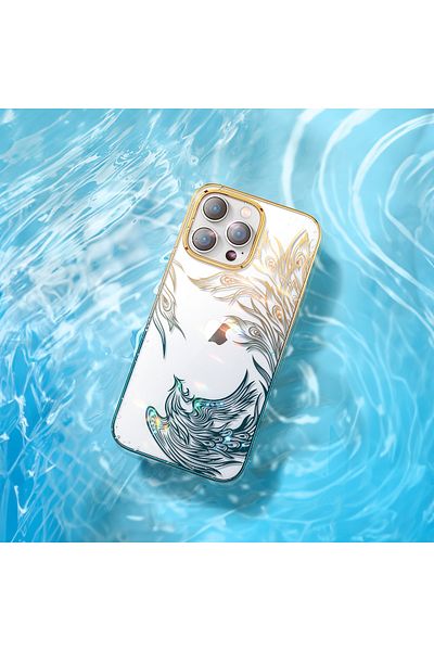 Hurtel Carcasă de lux pentru iPhone 14 Plus cu cristale Phoenix Series, auriu și albastru