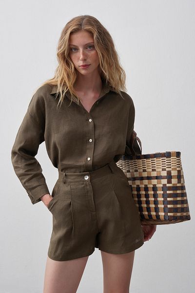 mathilda store Women's Khaki Limited Edition Linen Shirt Shorts Set