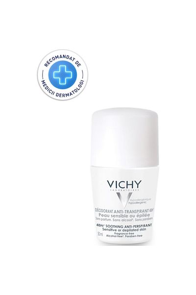 Vichy Deodorant roll-on antiperspirant fara parfum, 48h, 50 ml