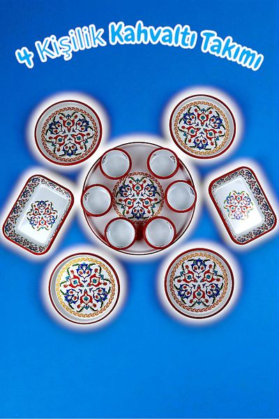 İnci Emaye Medium Size Patterned Enamel Breakfast Set for 4 People, Presentation Plate, Breakfast Plate, Jam Bowl, Olives, Cheese Plate