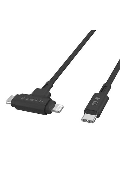 3DHyperStudio Hyper HyperJuice Silikonowy kabel USB-C do USB-C i Lightning Hybrid 60W, czarny | Hyper
