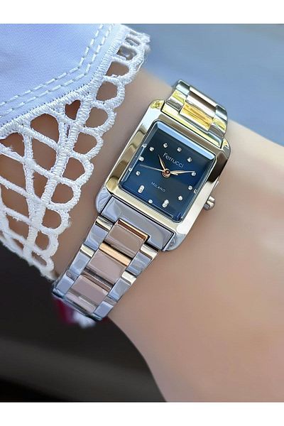 Ferrucci Milano Women's Wristwatch – Square Case, Stone Detailed Dial, Metal Cord