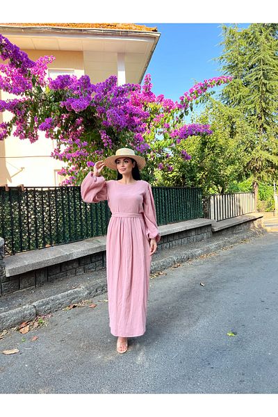 KÜÇÜĞÜM BUTİK Rochie de muselină cu talie îmbrăcată cu pudră hijab