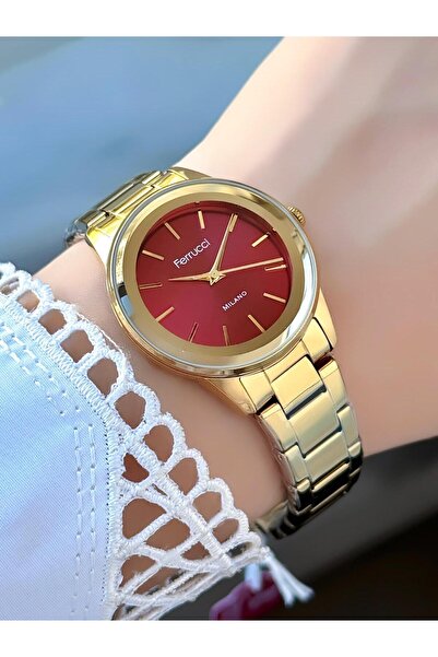 Ferrucci Burgundy Karan Gold Color Women's Metal Cord Wrist Watch