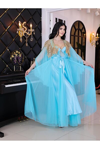 Limas lingerie Altın Taş İşlemeli Özel Tasarım 2 Parçalı uzun sabahlık