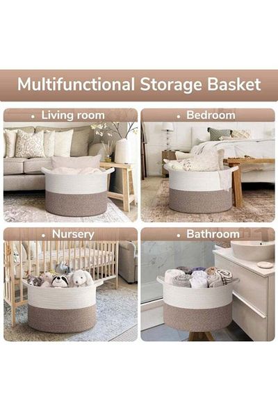 COOYA Large Storage Blanket Basket with Carrying Handle,Woven Nursery Cotton Rope Baskets for Organizing