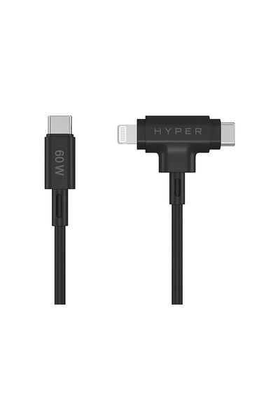 3DHyperStudio Hyper HyperJuice Silikonowy kabel USB-C do USB-C i Lightning Hybrid 60W, czarny | Hyper