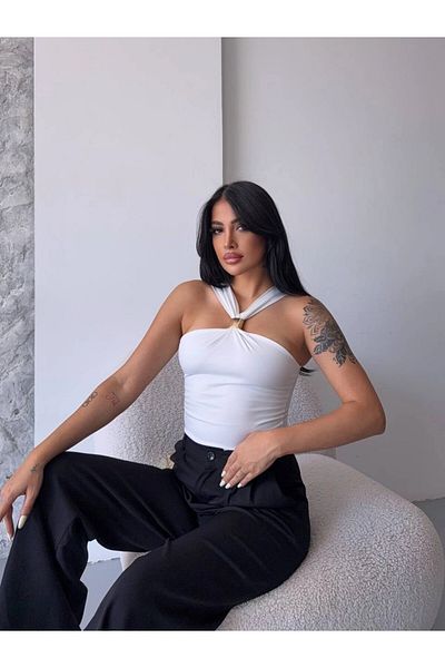 hazelin Women's White Halter Neck Metal Detailed Stylish Crop Blouse Hzl25S-Fry123251