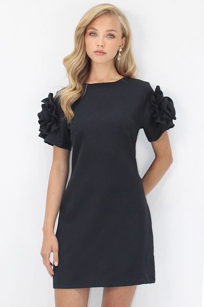 VAGGON Black Crew Neck Sleeves Ruffle Detail Hidden Zipper Mini Dress