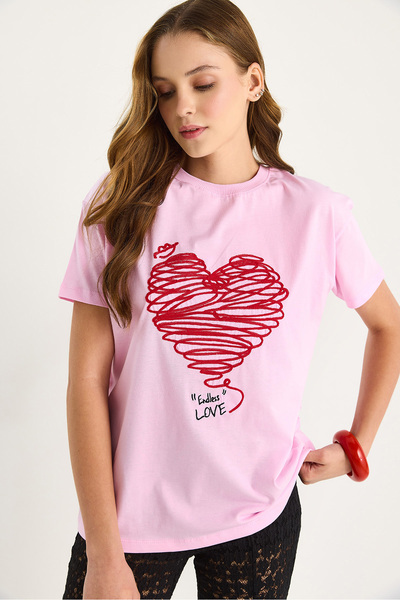 Bianco Lucci Women's Cotton Short Sleeve Crew Neck Heart Embroidered T-Shirt 60602028