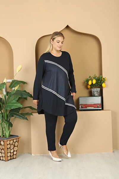 Şans Γυναικείο Σετ 2 τεμαχίων μεγάλου μεγέθους Navy Blue, τεχνητό δέρμα και λεπτομέρεια ρίγες Lycra Viscose 65N39014