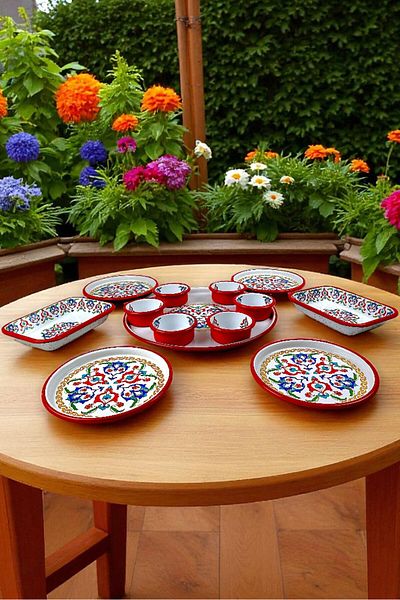 İnci Emaye Medium Size Patterned Enamel Breakfast Set for 4 People, Presentation Plate, Breakfast Plate, Jam Bowl, Olives, Cheese Plate