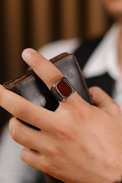 dergah tesbih Cengaver Serisi El İşçiliği Akik Taşlı 925 Ayar Gümüş Yüzük