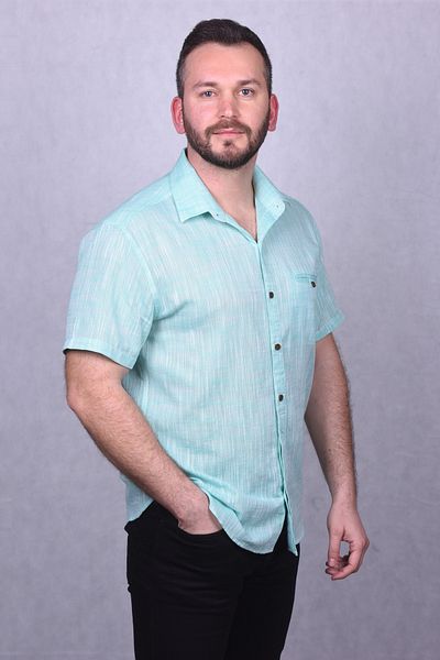 Lider Efes Men's Linen Textured 100% Cotton Breathable Fabric Regular Fit Short Sleeve Collared Shirt