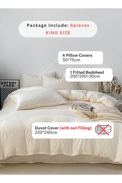 LUNA HOME King size 6 piece bedding set without filling, washable cotton milky white color 220x240cm