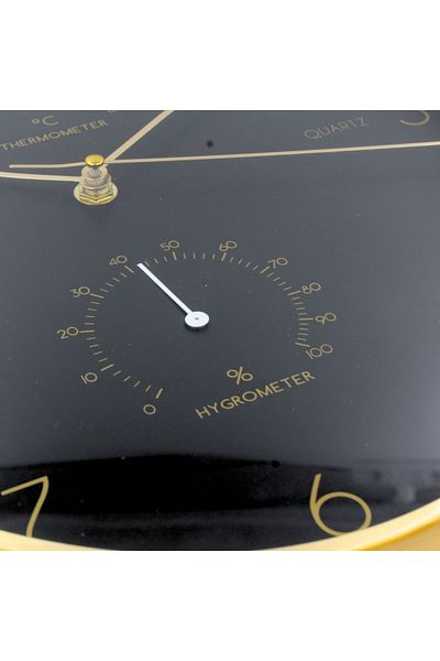 Gift Design Wall clock with weather station, 34 cm, black with gold, modern design