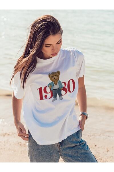 donamod K-art Giyim Unisex Beyaz Cute Bear Gözlüklü Sevimli Ayıcık Baskı Tasa...