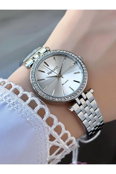 Ferrucci Milano Women's Wristwatch – Stone Decorated Bezel, Silver Color Metal Cord