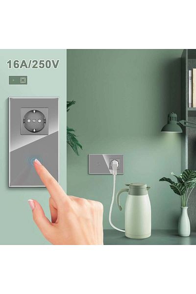 iUni Touch Switch and Socket, Tempered Glass Frame, 1Y, LED, Silver