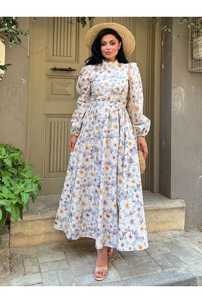 KÜÇÜĞÜM BUTİK Rochie evazată cu flori de azalea maro hijab