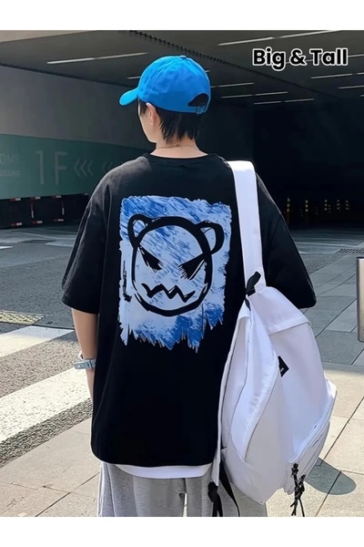 donamod Tricou cu imprimeu oversize cu guler rotund - negru