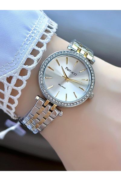 Ferrucci Milano Women's Watch – Stone Decorated Bezel, Two-Color Metal Cord