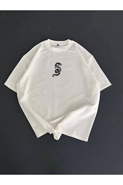 donamod Tricou oversize cu decolteu cu imprimeu - alb