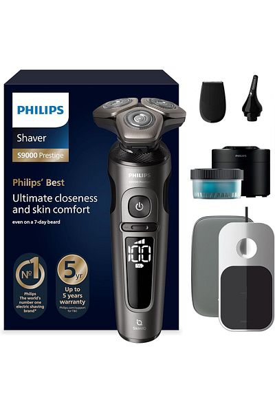 Philips Shaver S9000 Prestige Electric Wet and Dry Shaver, Gold, SkinIQ Technology, Travel Case, Qi