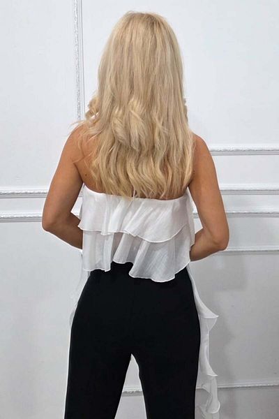 FashionForYou Top elegant asimetric Yuna, cu volane supradimensionate, alb, mărime S/M