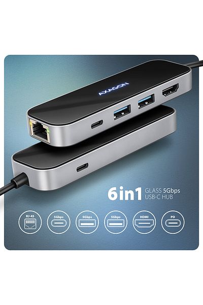 Axagon USB-C 5Gbps GLASS 6in1 Hub | HMC-6GLN