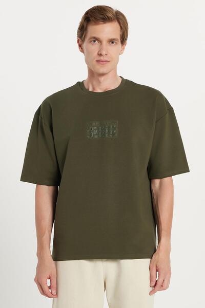 Tudors Men's Oversize Wide Cut Cotton Printed Crew Neck Khaki T-Shirt