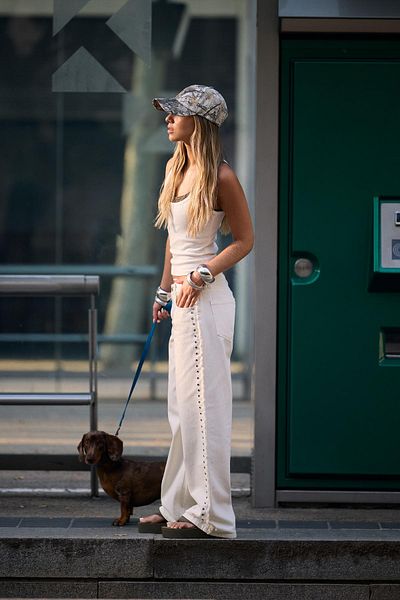 Bershka Frayed straight-leg trousers with eyelets