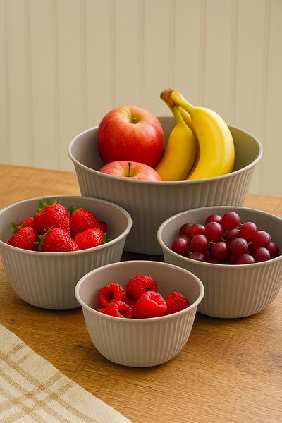 Vienev Set of 4 Mega Size Plastic Mixing and Storage Bowls |   1L, 2L, 3L, 5L Beige