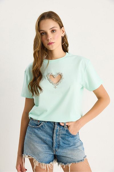Bianco Lucci Women's Stoned Heart Window Cotton T-Shirt 60602073