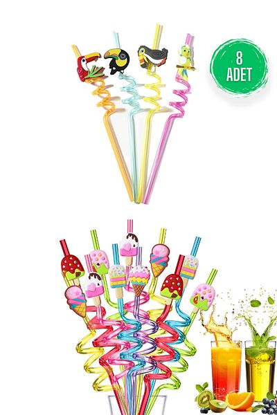 Fresh Moon Colorful Straws Set of 8 Washable Cute Unicorn Figured Straws Cold Drink Guest Presentation Accessory