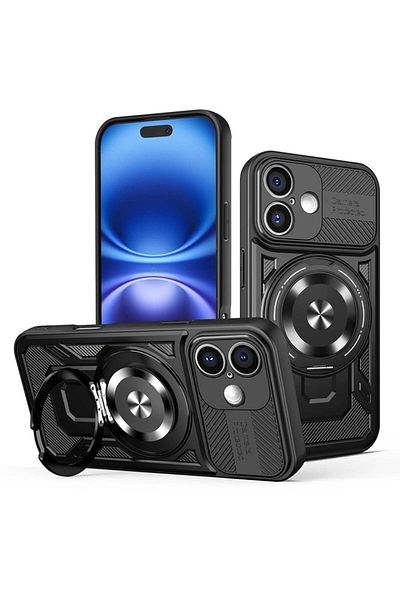 SKYDDAR INNOVATION Carcasă pentru iPhone 16, RuggedCam, inel magnetic rezistent la șocuri, set de autocolante, neagră