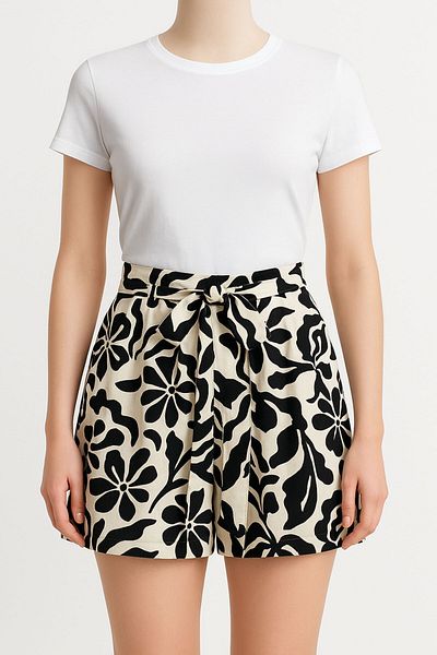 Kübra Tekstil Women's Belted Black and White Floral Patterned Mini Skirt – Summer Comfortable & Stylish Daily Combination Piece