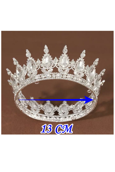 Bp Bizden Pastacılık Tam Tur Halka Metal Tepeli Kristal Taşlı Kral Kraliçe Taç Pasta Nişan Tacı Gümüş 13 Cm