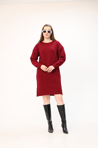 ALCHON Round Crew Neck Long Sleeve Pocket Side Slit Soft Texture Winter Knitwear Midi Length Pullover Tunic