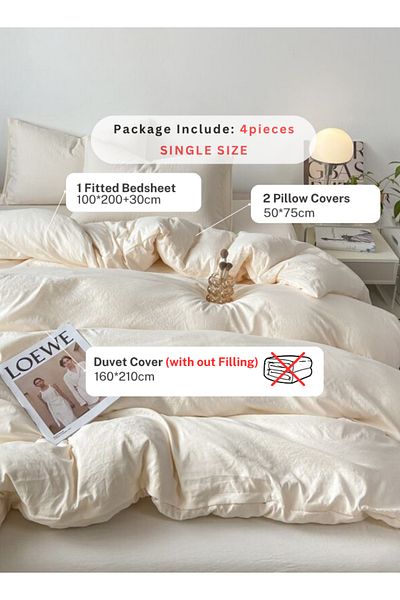 LUNA HOME Single Size 4 piece piece bedding set without filling, washable cotton milky white color 160x210cm.